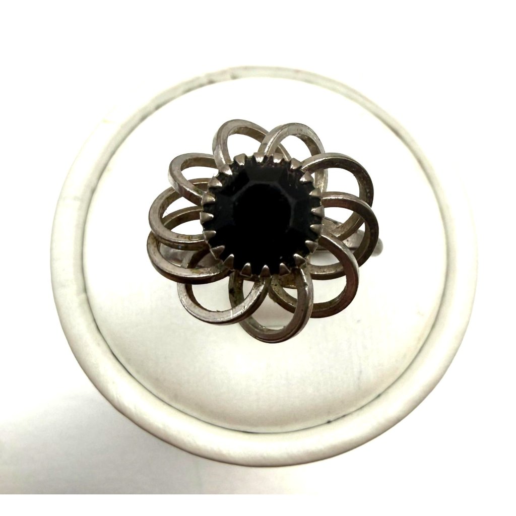 Vintage Sara Coventry “Black Beauty” Adjustable Ring Silver Tone Black Stone